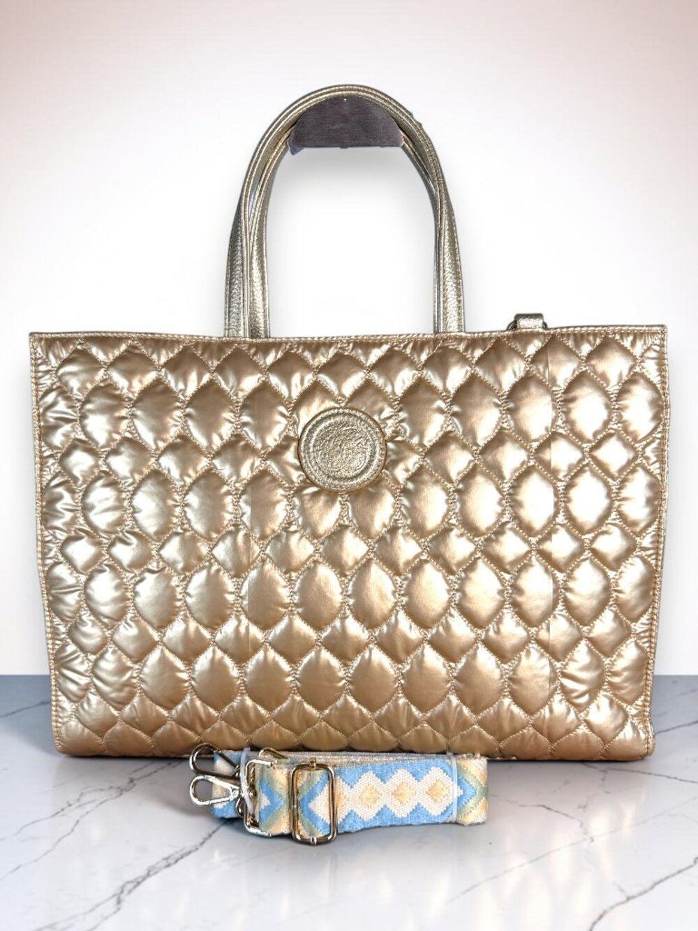 Sharif Global Generation Metallic Champagne Gold Puffer Sample Laptop Tote New